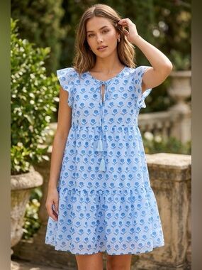 J.MARIE Blue White Floral Dress Womens Sz M Shirred Tiered CottagecoreTassel